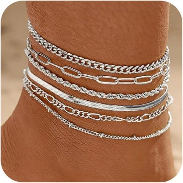 6 PCS 14k Plated Gold Layered Anklet Set Waterproof Herringbone Paperclip Beaded Figaro Cuban Link Chain 6Pcs-A0137 Ankelt Set-SL 8