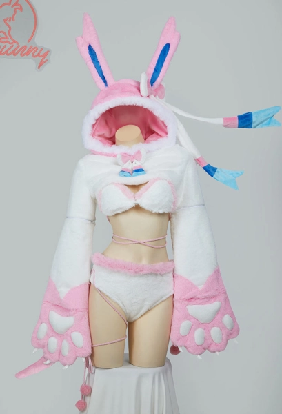 PM Derivative Furry Paw Sexy Lingerie Bikini Set Plush Short Hoodie and Bra Panty with Stockings