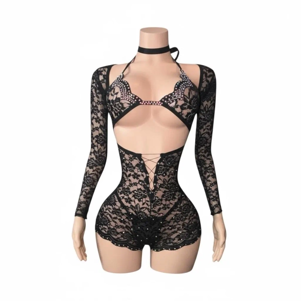 Black Lace Bodysuit, Exotic Rave Outfit, 3 Piece Set