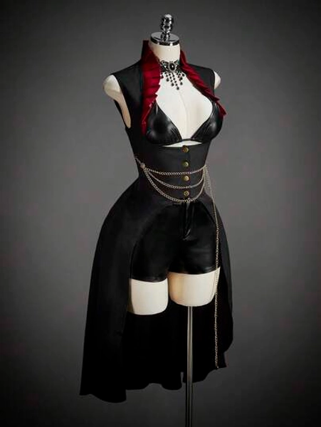SHEIN ICON Corset gothique noir pour femmes, style Y2K, avec col montant et ourlet long bicolore, pour le cosplay et les fêtes