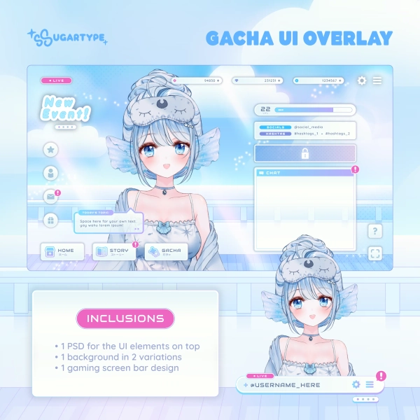 【 Stream Overlay 】Light Blue: Gacha UI Overlay by Pat | ssugartype 