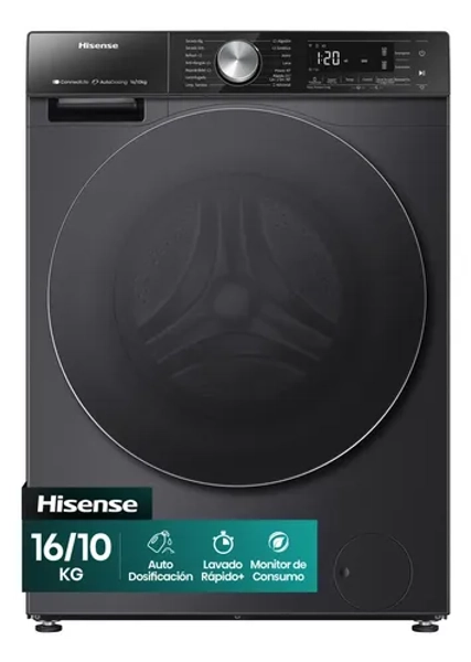 Hisense Lavadora y secadora WD5S1645BB,Totalmente automático,16Kg,Función Vapor,Auto Dosificación,Monitor de Consumo,Lavado Rápido+,60x64x85cm(AnchoxLargoxAlto),Negro