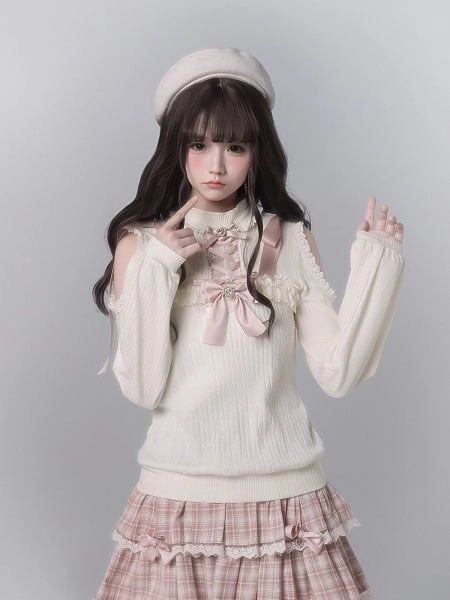 [$45.00]Seiso Kei White Cutout Shoulder Lace Trim Knit Top With Pink Ribbon Decor