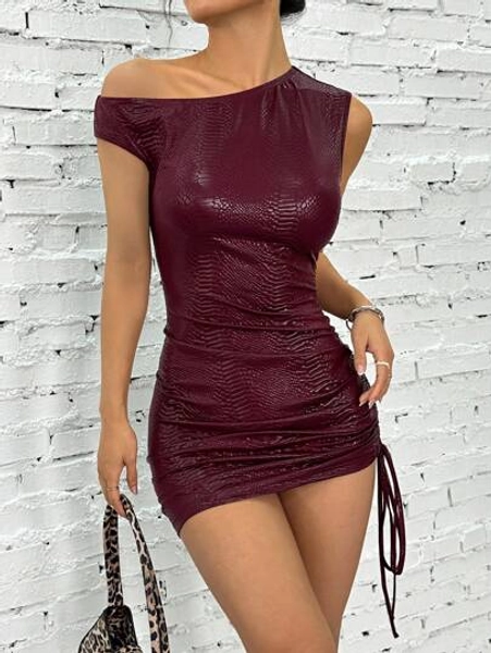SHEIN EZwear Red PU Animal Print Mini Dress With One Shoulder Strap,Music Festival
