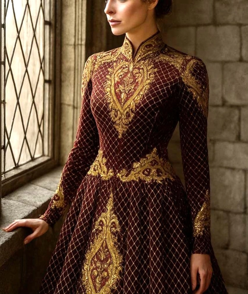 Burgundy embroidered medieval dress,S ,M  elven gown,Queen's dress,historical dress