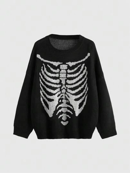 ROMWE Goth Skeleton Pattern Drop Shoulder Sweater,Long Sleeve Tops