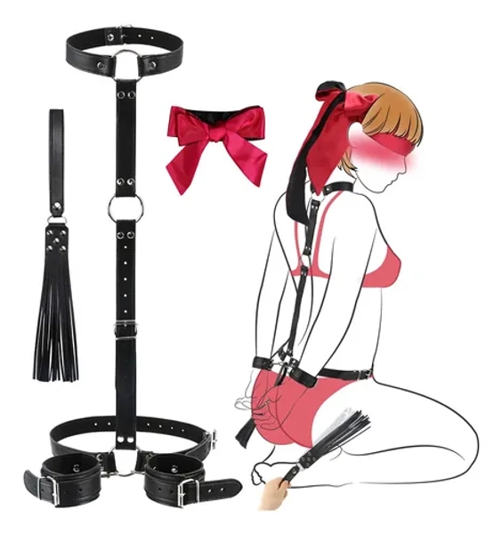 Kit Bdsm Bondage Algema Sado Fetiche Preto Conjunto Completo