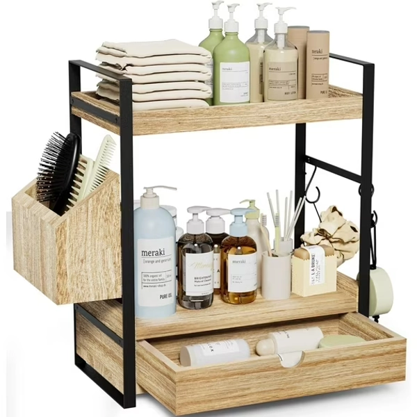 Gijjgole 2-Tier Bathroom Counter Organizer with Drawer and Basket, Wood Countertop Organizer for Storage, Skincare Organizers for Vanity, Counter Shelf for Bathroom Organization
