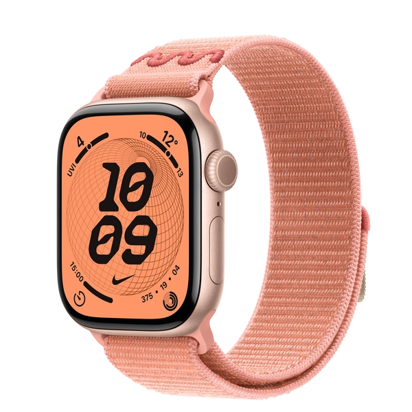 Apple Watch Series 11 GPS, Boîtier en aluminium or rose 42 mm, Boucle Sport Nike Rose Alpenglow