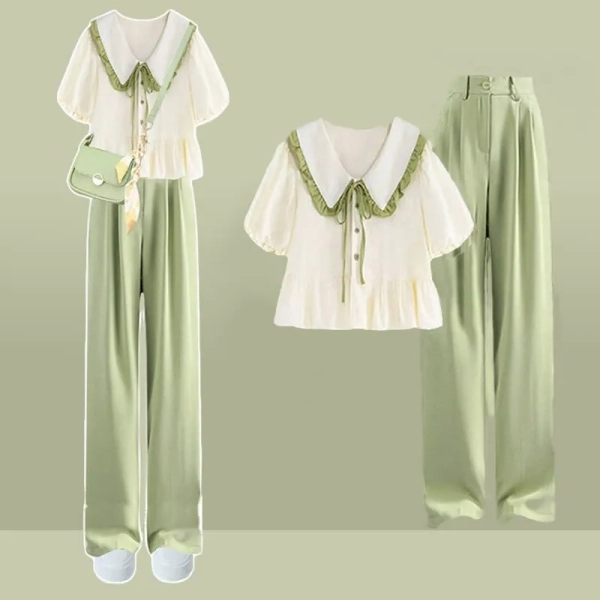 Bow Top Green Casual Pants Two Pieces
