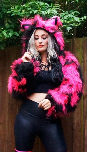 Funki-B cat shrug patchwork unique wacky trendy colourful faux fur fluffy camo bright neon long pile fur jacket  rave clubwear fancy dress