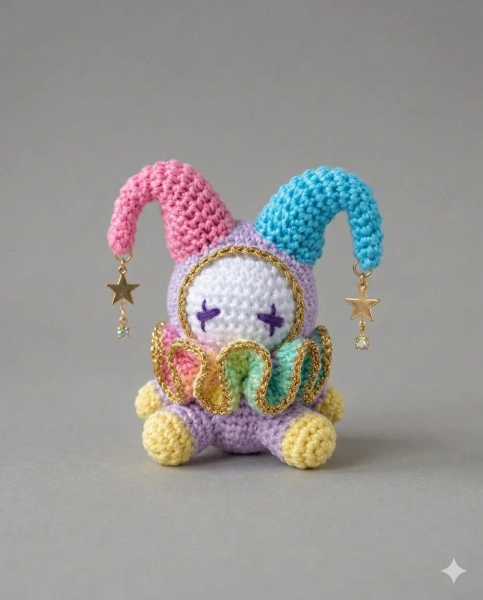 Pastel Jester Crochet Doll | Kawaii Clown Amigurumi | Rainbow Harlequin Plushie | Cute Circus Toy | Handmade Whimsical