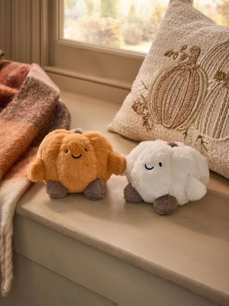 Set of 2 Orange/White Pumpkin Plush Room Decoration - Size ONE