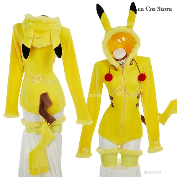 Women Pikkachu Electric Yellow Mouse Cosplay Costume Cute Halloween Sexy Romper Bodysuit Hooded Belt Tail Anime Doujin Suit - AliExpress