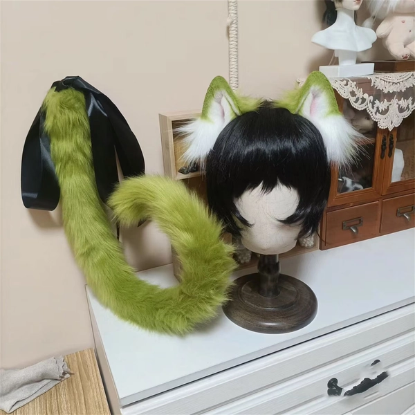 Handmade Cat Kitten Ears Tail Set Green Furry Animal Cat Ears Hairband Faux Fur Cat Kitten Tail Fursuit Cosplay Cat Halloween Costume