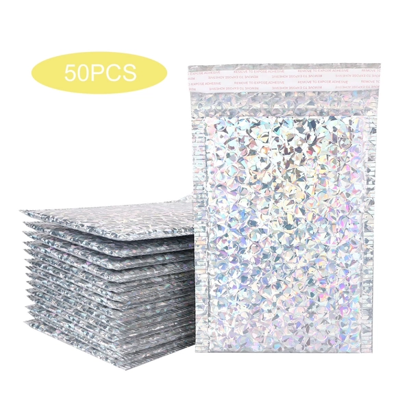 Ruroz 50 Pcs Holographic Bubble Mailers Metallic Padded Envelopes Self Seal Waterproof Shipping Bags Thick Cushioning Mailers for Books Clothes Makeup Jewelry Mother's Day Gift Mailer(6 x 7 Inch)