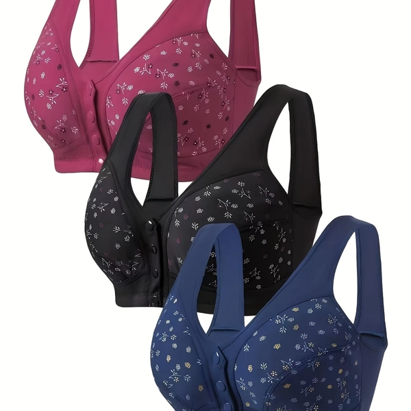 TEMU 3pcs Plus Size Printed Front-closure Bra Set Elegant Full-cup Wire-free Bras Women's Lingerie & Underwear Sets Everyday Bras Fashion Underwear
