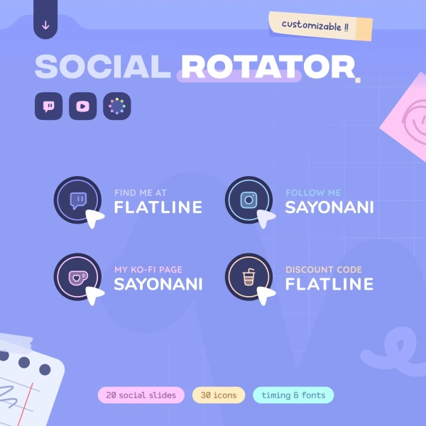 Click Social Media Rotator ⟢  (30) Icons • (20) Slides • Fully Customizable // Twitch Youtube Tiktok Streamers | Streamelements Widget • OBS by sayonani (@sayonani)
