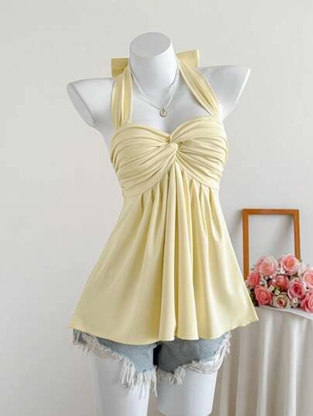 Comfortcana Women's Cream Yellow Twist Back Halter Neck Camisole, Spring/Summer Pastel Yellow Top Butter Yellow Top - Size XS