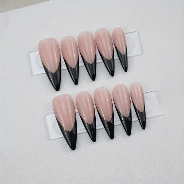 Set of 10 Handcrafted Press-On French Nails for Women, Featuring a Full Cover in a Medium Length Almond Shape, with a Glossy End And a Reusable Design in Black And Nude Color Blocks