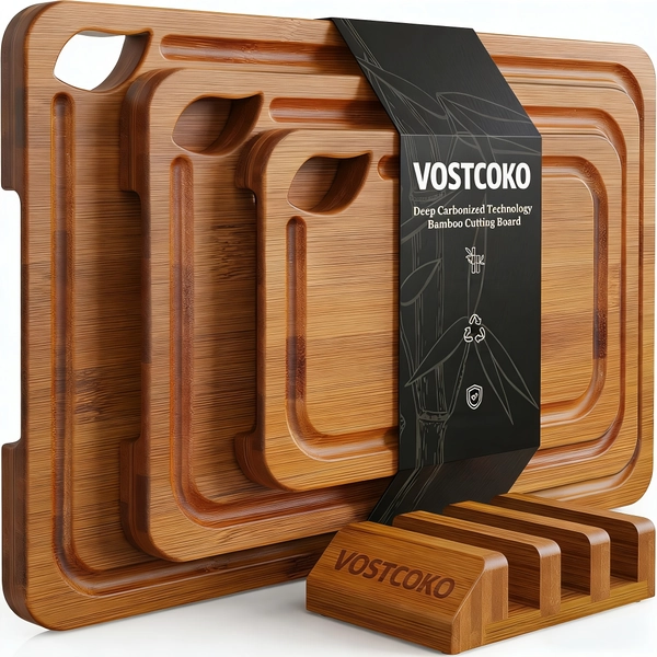TEMU Deep Carbonized Bamboo Cutting Board Set, Complete With A Wooden Storage Rack, Ideal For Kitchen Use. It Features A Reversible Double-sided