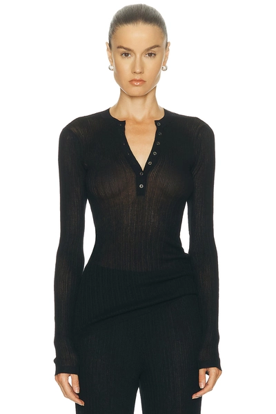SKIMS Sheer Knit Long Sleeve Henley Top in Black