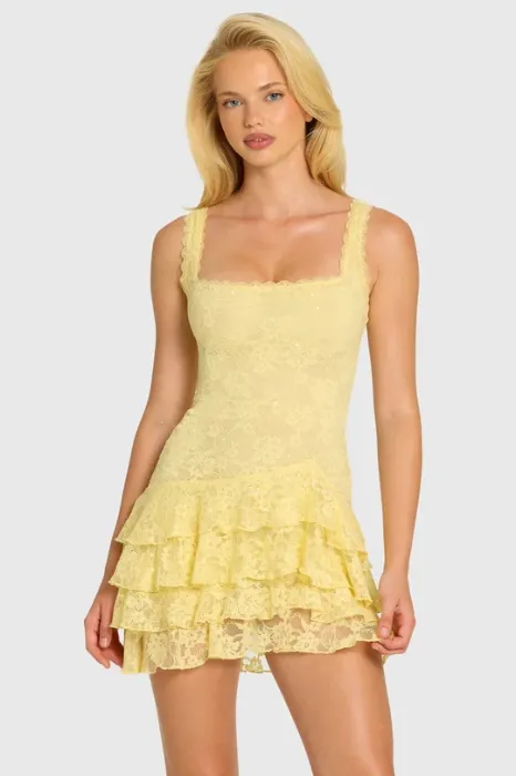 Sequin Lace Ruffle Mini Dress in Butter