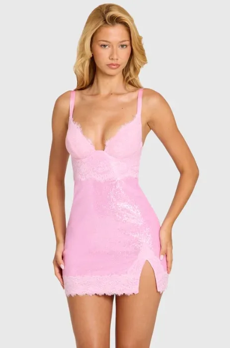 Sequin Lace Mini Dress in Blossom Pink