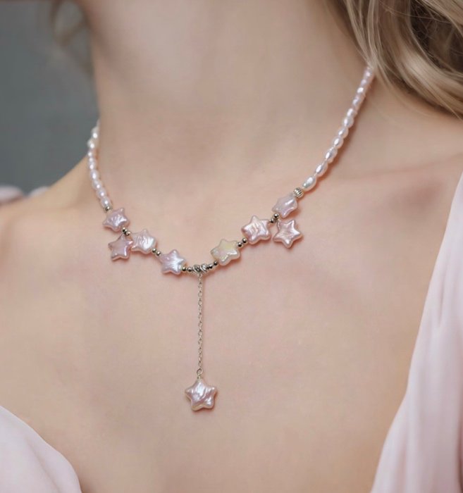 Shooting Star Pearl Necklace - Pink