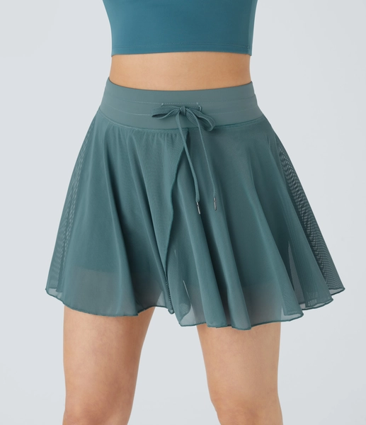 XS Mineral Blue High Waisted Drawstring Contrast Mesh 2-in-1 Side Pocket Flowy Mini Flare Casual Skirt