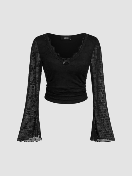 Lace V-neck Bowknot Ruched Long Sleeve Top