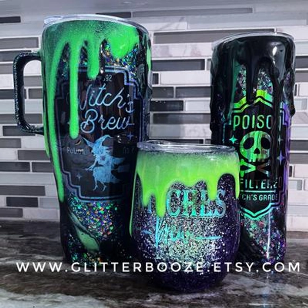 Halloween drip tumbler, custom glitter tumbler, poison witches brew tumbler, black swirl Halloween glitter mug, handle tumbler mug glow