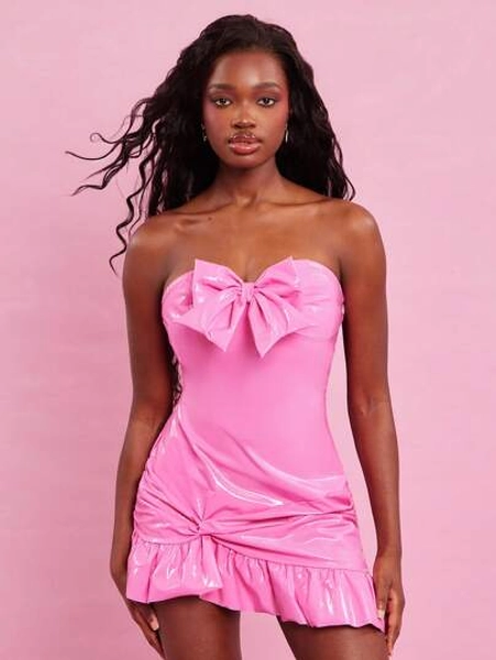 NYA SZN Dress Latex Look Vinyl Strapless Pastel Wet Look Minii Special Occasion Summer Spring Thanksgiving Christmas NYE New Years Eve Outfits For Concert Vacation Birthday Going Out Club Pink Pastel Thanksgiving Christmas NYE New Years Eve Outfits For Women