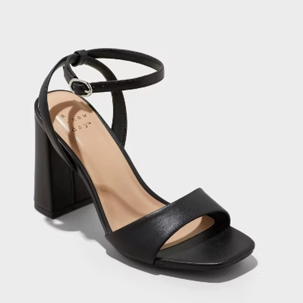 Women's Haley Wide Width Ankle Strap Single Band Flare Heels with Memory Foam Insole - A New Day™ Black 6W: Cushioned Square Toe, Block Heel