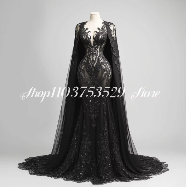Robe de bal victorienne fantaisie noire, en Tulle gothique, avec des appliques florales, châle personnalisé, style sirène, longueur au sol - AliExpress 320