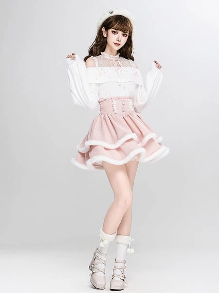[$41.00]Jirai Kei Pink High Waist Layered Skirt with White Plush Trimming for Winter