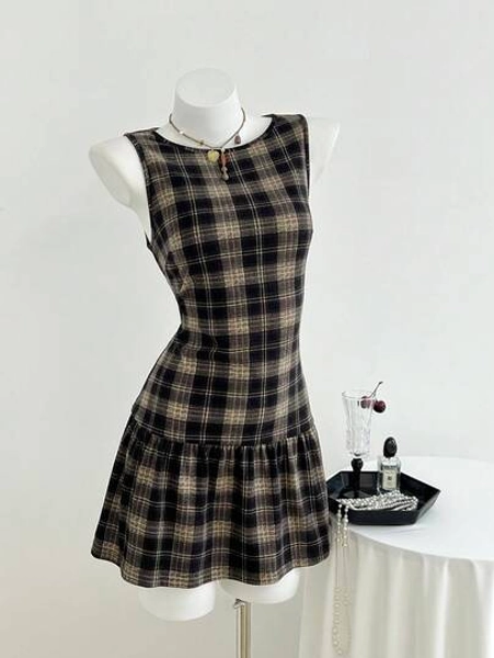 Elamini Retro College Style Brushed Plaid Mini Dress