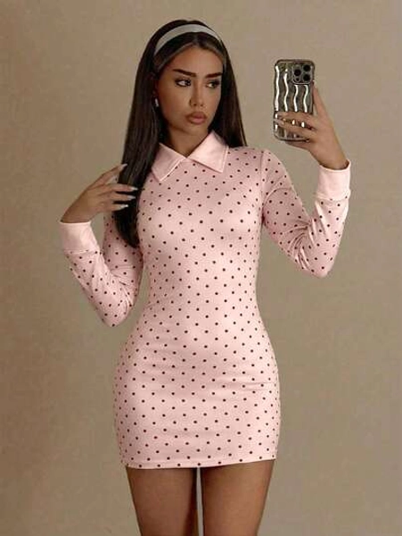 SHEIN ICON Fitted Black & White Polka Dot Contrast Collar Wednesday Mini Dress For Women