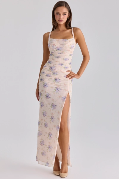 Lini Ivory Sweet Peony Print Stretch Mesh Maxi Dress