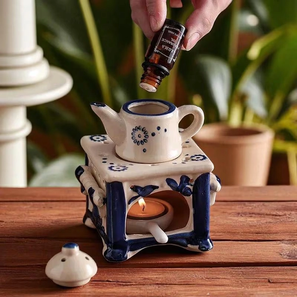 Vintage Ceramic Tea Warmer Serenity: 3-in-1 Reed Diffuser, Incense Burner & Candle Holder Set
