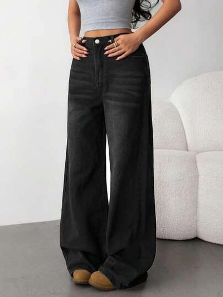 SHEIN Teen Girl Y2K Retro Grey Washed Low-Waisted Slanted Pocket Casual Wide Leg Baggy Jeans Loose Pants, Girls Streetwear