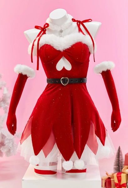 Christmas Elf Cosplay Set Plush Red and White Irregular Dress with Hat and Underskirt