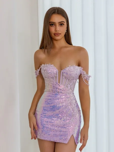 Aristocratic Sheath Off-the-Shoulder Appliques Lace Short/Mini Sequins Corset Homecoming Dress
