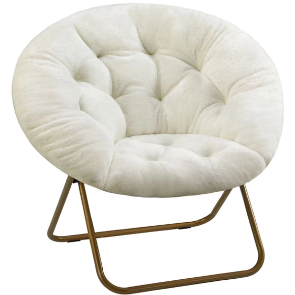 EDX Faux Fur Folding Saucer Chair, Foldable Accent Chair for Adults, Soft Plush Seat, Lightweight & Comfortable, Beige