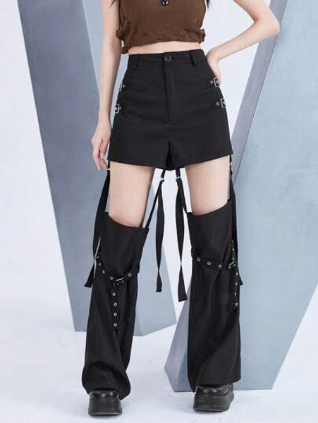 ROMWE Grunge Punk Solid Cut Out Grommet Eyelet Buckle Detail Pants, School