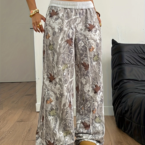 Brown/Beige/Tan Women's Elegant Winter Pants - Camouflage leaf & tree branch print with White Belt - Wide-Leg Trousers with Pockets - Machine Washable Formal & Everyday Pants for Fall/Winter - Office, Semi-Formal, Casual Outfits, Pants for Women, Wide Leg Pants for Women High Waist, Drawstring Pants, High Waist Trouser Pants for Women, Winter Pants for Women Warm