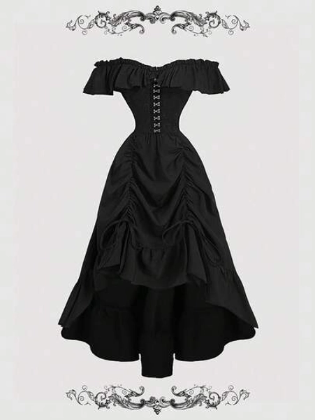 SHEIN MOD Vestido longo preto vintage feminino com ombros à mostra, estilo country, roupa country, roupa gótica, vestido boho, fairycore, roupa para cruzeiro, vestidos vintage para mulheres, vestido com espartilho