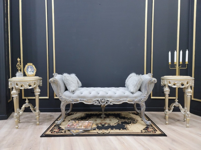 French Style Bench / Gold Leafed with Silver Shades / Tufted Silver Velvet/