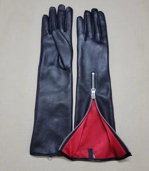 Handmade Nappa Long Leather Gloves with Red Silk Lining & Zipper Detail