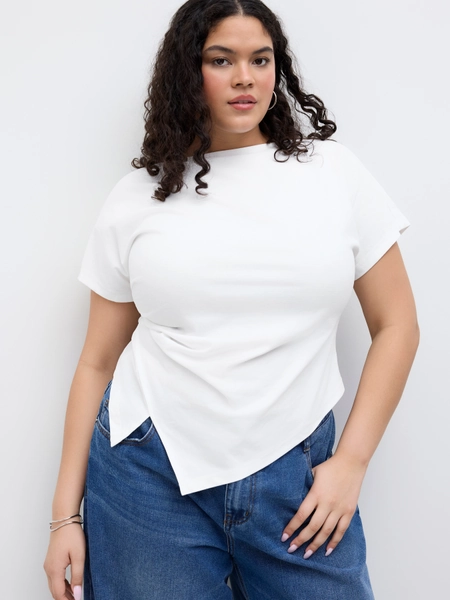 Cotton-blend Boat Neck Ruched Asymmetrical Hem Tee Curve & Plus